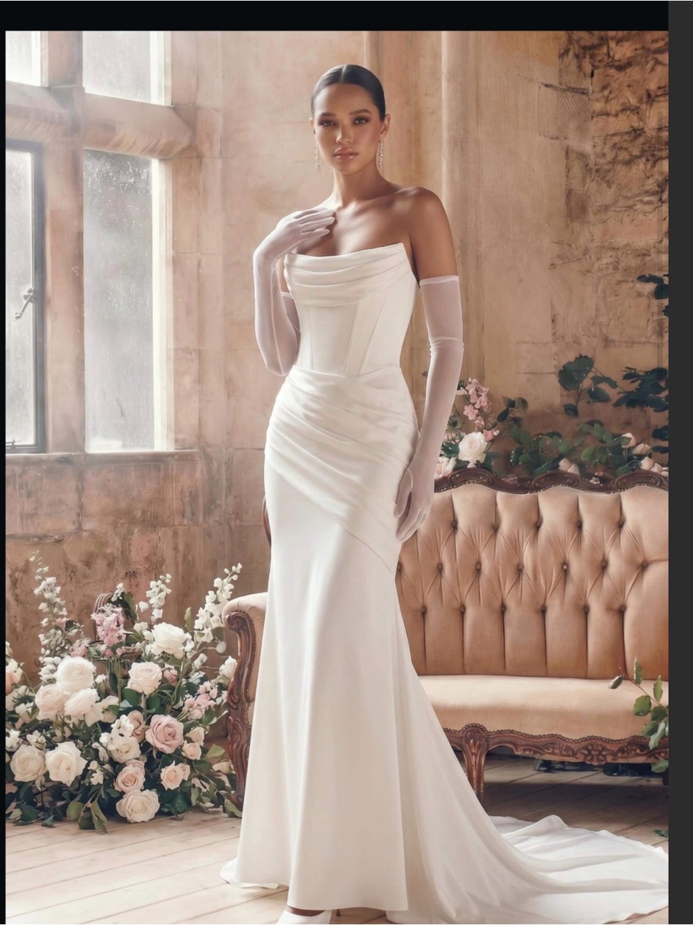 Elegant Strapless White Bridal Gown with Draped Bodice